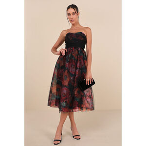 Lulus Splendidly Yours Black Floral Organza Mesh Strapless Midi Dress - Size L